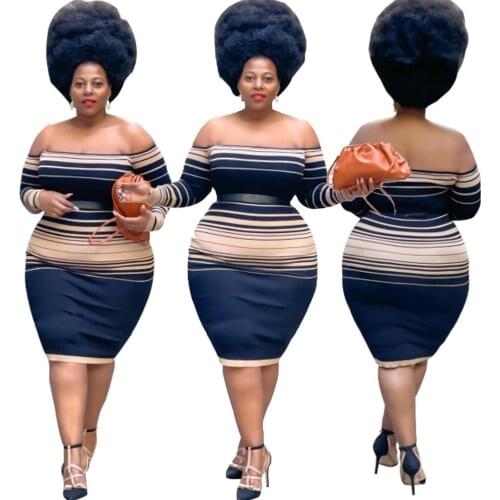 Sexy Off The Shoulder Striped Printed Dress Women Long Sleeve Bodycon Skinny Plus Size 4XL 5XL Backless Dresses Vintage Vestidos