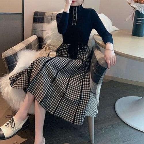 Fashion Temperament Shows Thin Over Knee Knitted Dress New Black Plaid Dress For Women In 2021 Spring
