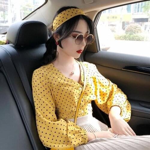 2021 Spring Women Retro Temperament V-neck Polka Dot Chiffon Shirt Female Korean All-match Lantern Long-sleeve Blouse Blusa Y349