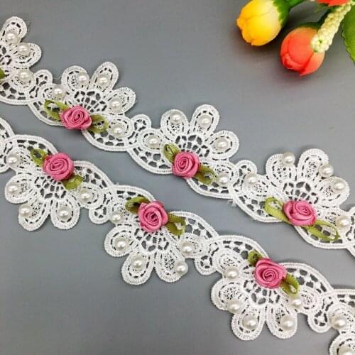 20x Latest French Fabric Polyester Pearl Rose Flowers Lace Trim Ribbon Crochet Dress Embroidered Wedding Dress Sewing Craft