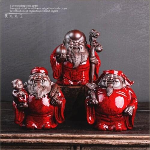 3PC/Set Feng Shui Red Fu Lu Shou Three Goddesses Ceramic Buddha statue Diplomatic Gift Study Collection