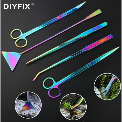 5PCS Aquarium Fish Tank Tools Stainless Steel Colorful Titanium Plated Mirror Scissors Tweezers Aquatic Plants Cutting Hand Tool