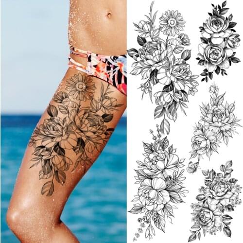 Black Peony Flower Daisy Temporary Tattoos For Women Adult Realistic Black Flora Fake Tattoo Thigh Body Art Washable Tatoo Decal