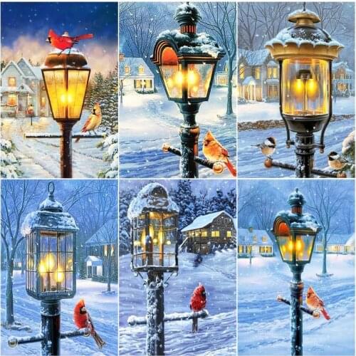 GATYZTORY Frame Painting By Numbers Road Lamp Bird Kits For Adults Children Handpaint Painting Winter Landscape Home Decor