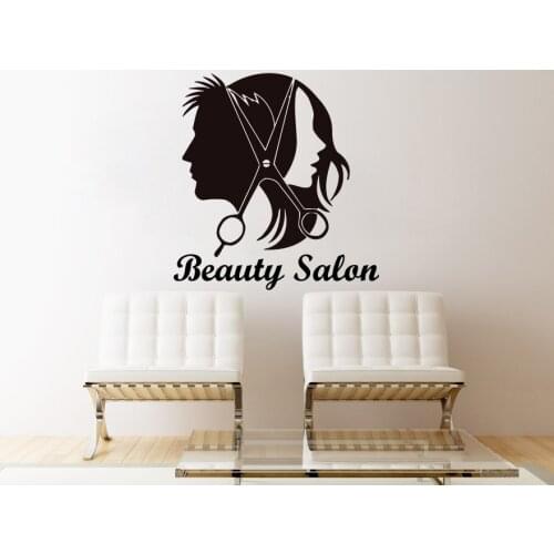 Art Design Man And Woman With Scissor Beauty Salon Wall Mural Decals Home Wall Style Decor Livingroom Decor Vinyl WallpaperQ-21