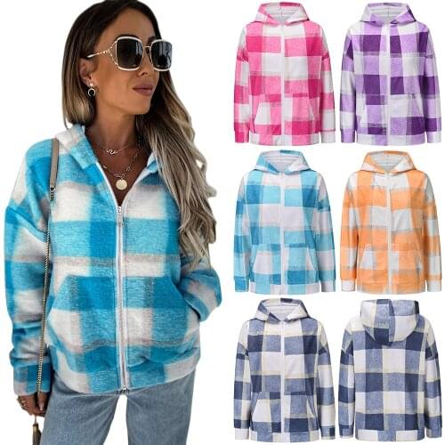 Autumn Jackets Women Plaid Color Print Velvet Warm Winter Outwear Hooded Loose Style Female Coats Fashion Casual Jaqueta C2977