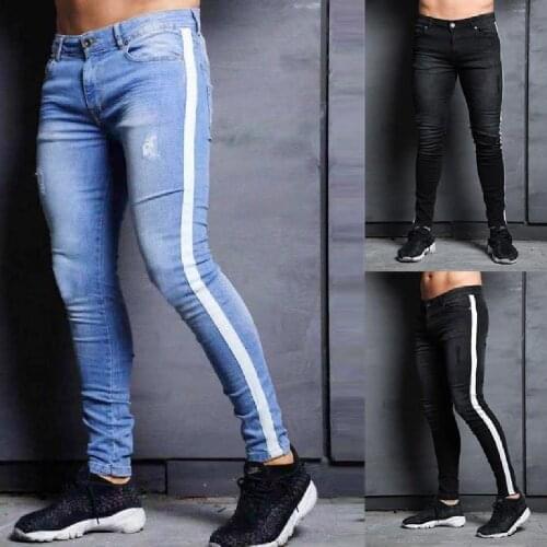 Mens jeans new European and American trend Knee-hole jeans with small legs fashion stretch hip-hop pants side casual jeans
