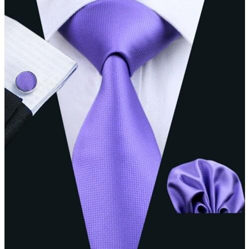 LS-416 Men`s Tie Purple Solid Business Classic 100% Silk Jacquard Woven Tie + Hanky + Cufflink Set For Men Formal Wedding Party