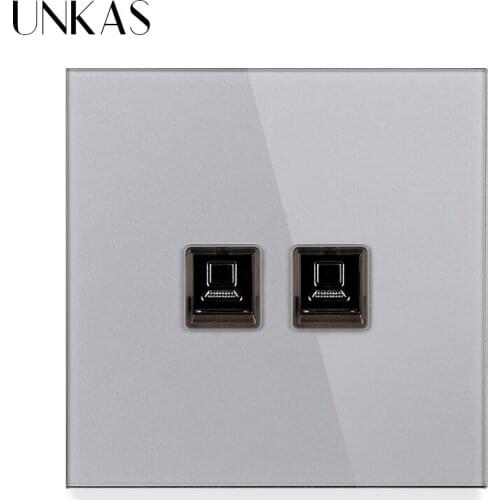 UNKAS Gray Luxury Crystal Tempered Glass Panel 2 Gang RJ45 Internet Jack Wall Data Double Socket Computer Grey Outlet
