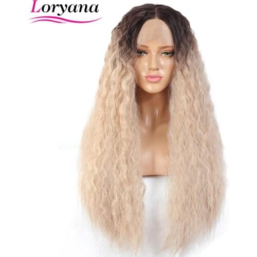 Loryana Synthetic Lace front wig Ombre wigs for women cosplay long hair curly Middle Part black Pink #T4/60