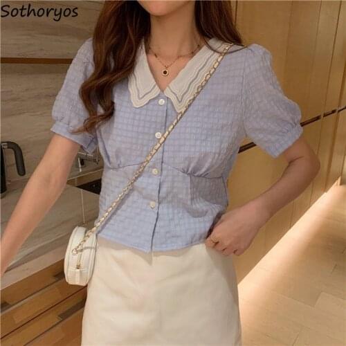 Shirts Women Solid Blouses Notched Lace Spliced Button Puff Short Sleeve Stylish Tops Sweet Loose Plus Size 2XL Elegant Casual