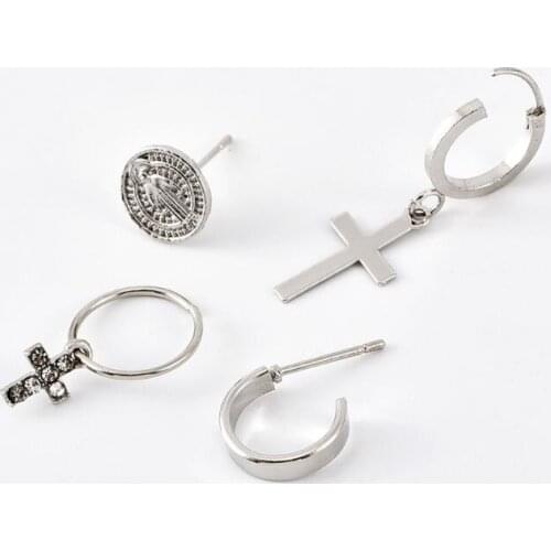 4Pcs Antique Assorted Religional Cross Pendant Virgin Mary Hoop Earrings Kpop