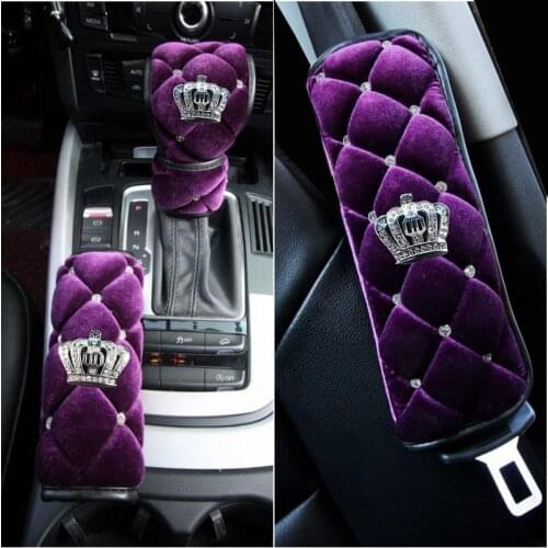 Bling Diamond Winter Plush Fur Car Handbrake Gear Knob Cover Seat Belt Cover Shoulder Pad Auto Interior Accessories For Women