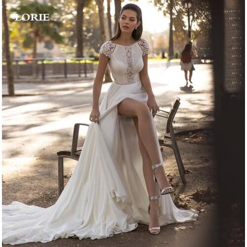 LORIE Boho Wedding Dresses Cap Sleeve Chiffon And Lace Country Bridal Gown A Line Side Split Wedding Party Gown Plus Size