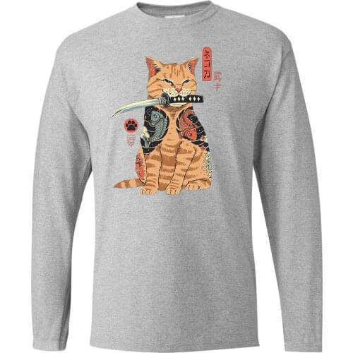 Japanese Samurai Cat Round Neck Tops Long Sleeve Tee Brand T-Shirts Mans T-shirt Camiseta Streetwear Karate Kid T Shirt Tshirts