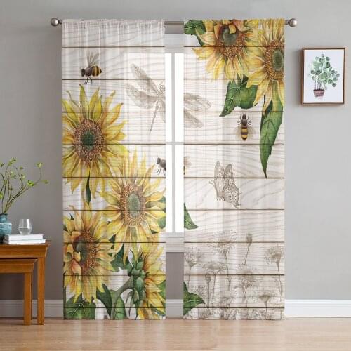 Sunflower Bee Butterfly Wood Texture Tulle Curtain For Living Room Bedroom Modern Sheer Curtains Decorative Window Treatment