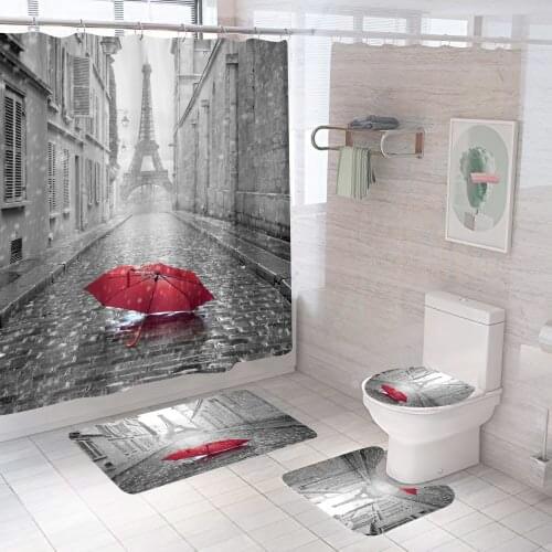 3D Paris Eiffel Tower Print Shower Curtain Waterproof Bathroom Curtains Set With Non-Slip Rugs Toilet Lid Cover Mat