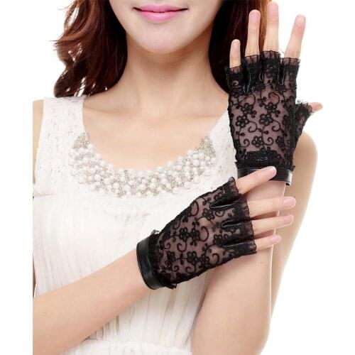 Women Genuine Sheepskin Leather Gloves Fingerless Rope Glove Women Lace Ruffle Sun Block Mittens Party S2171