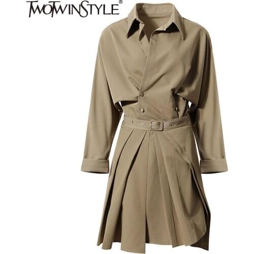 TWOTWINSTYLE Casual Elegant Two Piece Set For Women Lapel Long Sleeve Shirt High Waist Pleated Skirts Female Fashion New Clothes