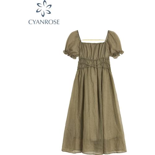 French Elegant Square Collar Long Dress Women 2021 Summer Vintage Short Sleeve Gathered Waist Slim Casual Ladies Midi Dresses