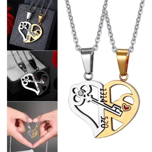 1 Pair Lovers Love Heart Lock Key Pendant Necklace Couples Stainless Steel Puzzle Necklace LL@17