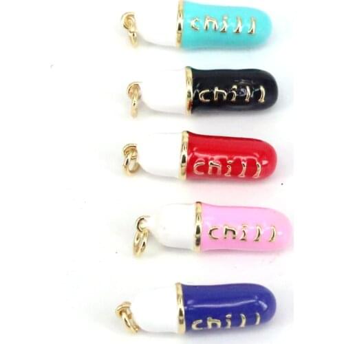 10Pcs Colorful Enamel Pill Shape Pendant Charm, Gold Chill Word Pink Turquoise Black Cobalt Red Enamel Jewelry,8x24mm