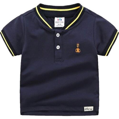 2020 Summer 90cm 100cm 110cm 18M 24M 2 3 4 Years Kids Childrens Tees Short Sleeve Solid Color Navy Blue V-Neck T-Shirt Boys