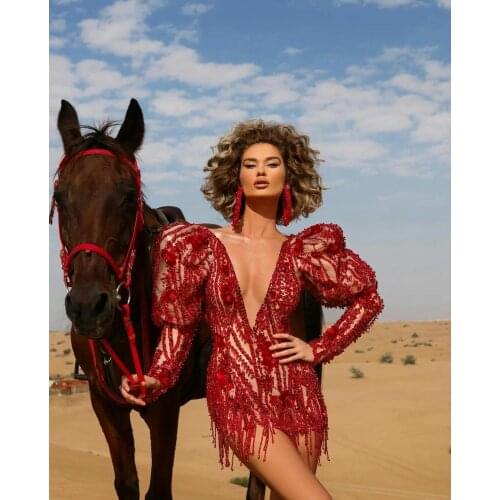 2020 Mini Sexy Prom Dresses Deep V Neck Lace Beading Long Sleeve Short Evening Dress Custom Made Backless Cocktail Party Gowns