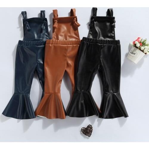 2021 0-5Y Fashion Infant Baby Girl Leather Jumpsuit Summer New Sleeveless Solid Color Square Collar Romper Flare Pants Overalls