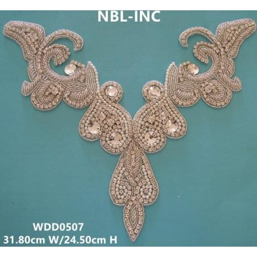 30PCS)Wholesale handmade beaded sewing silver clear rhinestone pearl collar applique neckline iron on for dress WDD0507