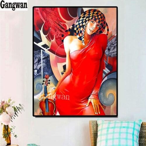 Full Square round drill Diamond painting Violin player Diamond embroidery red African woman Cross stitch resin office wall decor