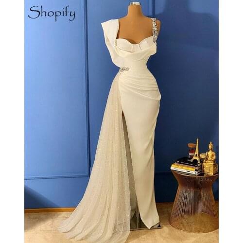 Long White Evening Dress 2021 Gorgeous Mermaid Style Sweetheart Beaded Side Slit Dubai Women Formal Evening Gowns