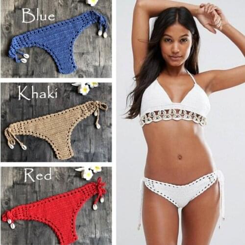 Bikini Bottom 2021 Hand Hook Crochet Sexy Swimwear Women Hipster Brief Thong Biquini Tanga Split Swimsuit Handmade Knitted Traje