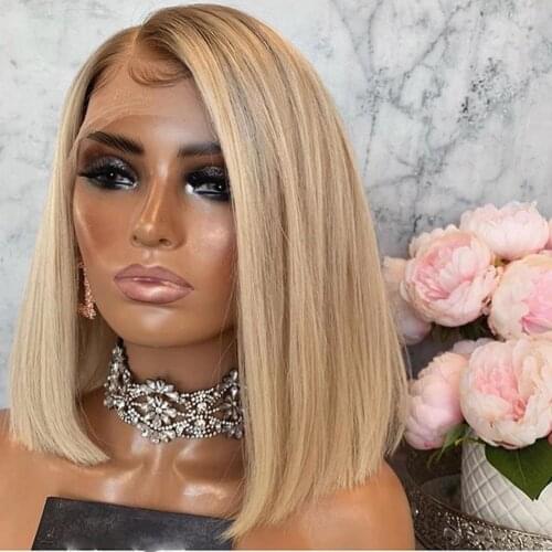 Bob Blonde Silky Straight Ombre Color Full Lace Wigs Side Part Blonde Bob 150Density Indian Remy Hair Wigs