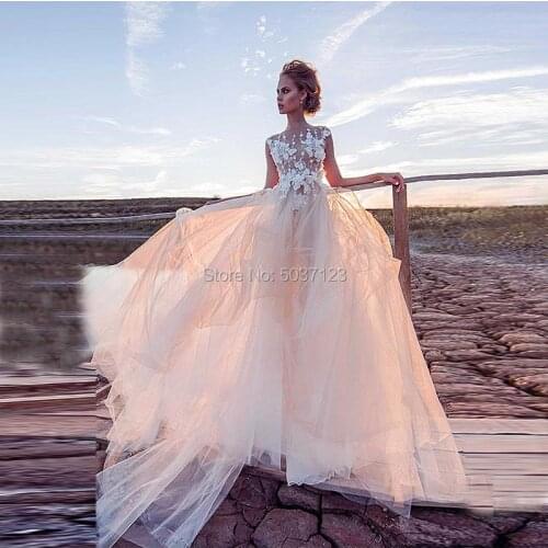 Boho Champagne Wedding Dresses 2021 A Line Scoop Cap Sleeves Illusion Button Wedding Bridal Gowns Vestido De Noiva Sweep Train