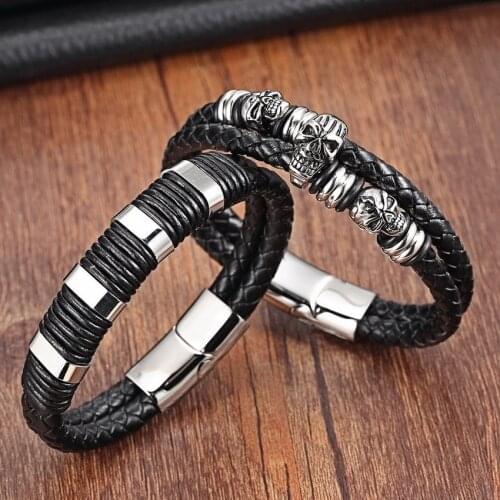 XQNI Magnet claps Stainless Steel Rope Bracelets for men Trendy Genuine Leather Bracelets for women Charm Bracelets
