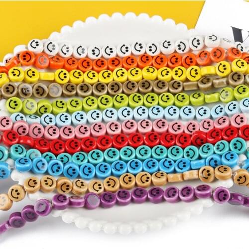 Smiley Happy Face Beads Ceramic Porcelain Spacer Flat Round Beads for DIY Handmade Jewelry Bracelet Necklace Craft Making 15inch