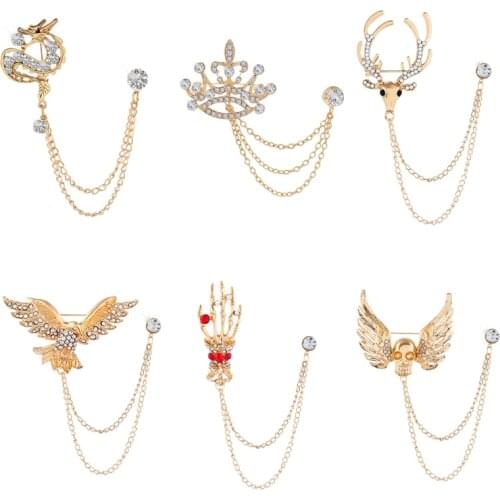 DIY Chain Brooches For Women Men Crystal Crown Deer Head Skull Wings Brooches Pins Charm Christmas Jewelry Gifts Dropshipping