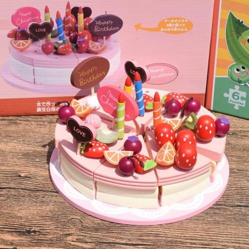 Wooden Double Cream Fruit Birthday Cake Kids Cutting Toy Kitchen Role Pretend Play Food Cooking w/ Saucer Fork Girls Xmas Gift