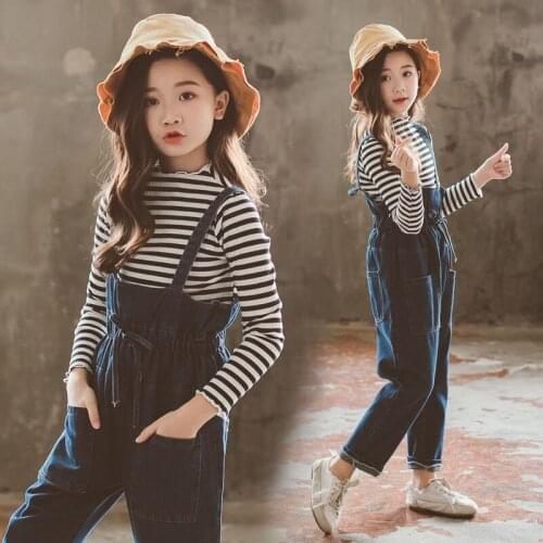 Girl Jean Clothing Set Spring Back To School Clothes Striped Blouse + Jumpsuit Two Pieces Clothes Set For Age 5 7 9 11 13 Years