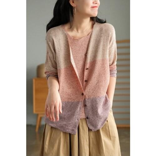 Spring Sweet Cardigan Color Spliced Loose V-Neck Collar Single-Breasted Female Simple Fashion Linen Knit Tops