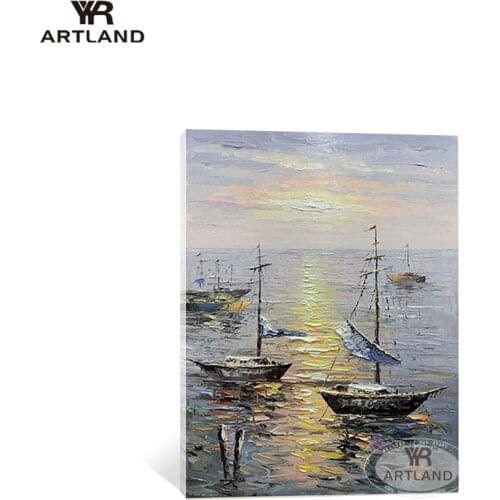 Beautiful picture sailboat sunrise seascenery oil painting Hand drawn on canvas wall art poster for living room bedroom no frame