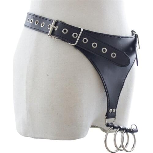 Male Underwear Sexy Leather Penis Panties Fetish Men Gay Open Crotch Panties with 3 Cock O-ring Adult Panties for BDSM Sex