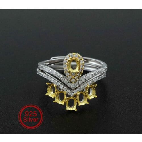 3x4MM 6 Stones Oval Prong Bezel Gold Plated Solid 925 Sterling Silver Enhancers Set Adjustable Ring Settings 1222025