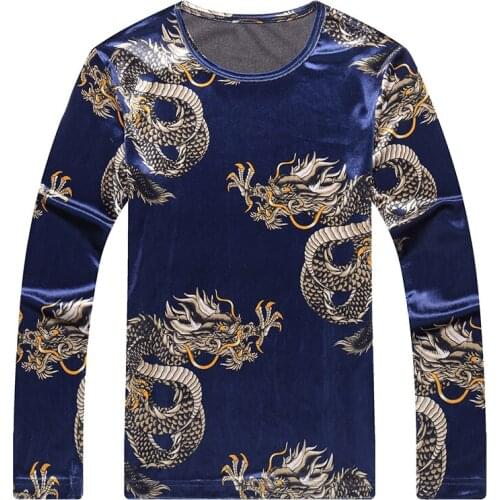 Dragon totem pattern printing luxury gold velvet long-sleeved t shirt Autumn 2018 New quality soft comfortable t shirt men M-4XL