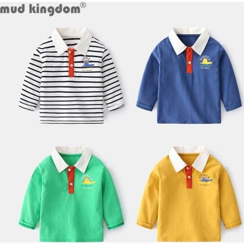 Mudkingdom Polo Shirts Boys Cartoons Turn-down Collar Long Sleeve Solid Striped Buttons Drop Shoulder Tops for Toddler Spring