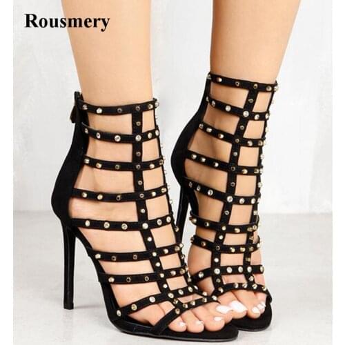 Hot Sale Women New Fashion Open Toe Spike Strap Cross High Heel Sandals Cut-out Back Zipper-up Rivet Gladiator Sandals