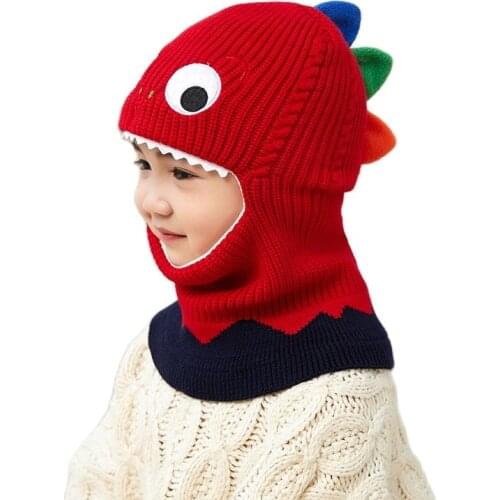 Doitbest 1 to 6 years old Boy girl Beanie Protect neck Cartoon dinosaur Windproof Winter Child knit hat kids girls Earflap Caps