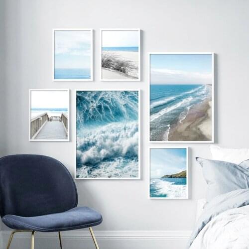 Blue Sea wave Beach bridge Seaside plants Nordic Posters And Prints Wall Art Canvas Painting Wall Pictures For Living Room Decor