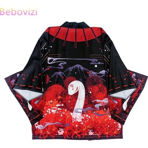 2021 New Summer Red Snake Printing Loose Japanese Streetwear Cardigan Women Men Harajuku Haori Kimono Cosplay Blouse Top Yukata